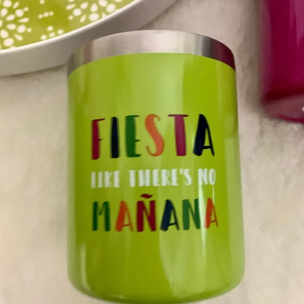 Party Fiesta Round Drink Serving Tray Set with 6 Metal Tumblers NEW